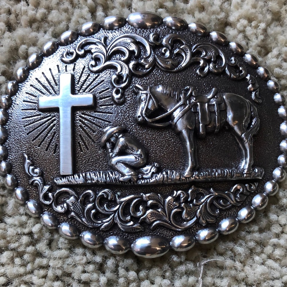 Cowboy prayer with cross and horse belt buckle